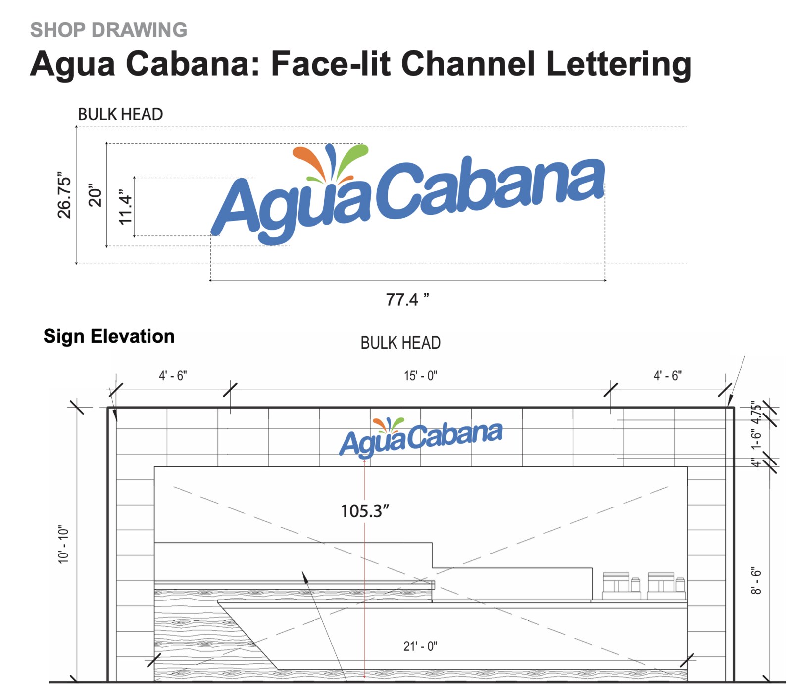 Dimensioned shop drawing for the Agua Cabana face-lit channel letters, showing letter heights, overall width, and bulkhead mounting layout